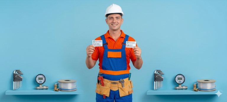 Certified Professionals in Washington plumbing technician showing credentials.