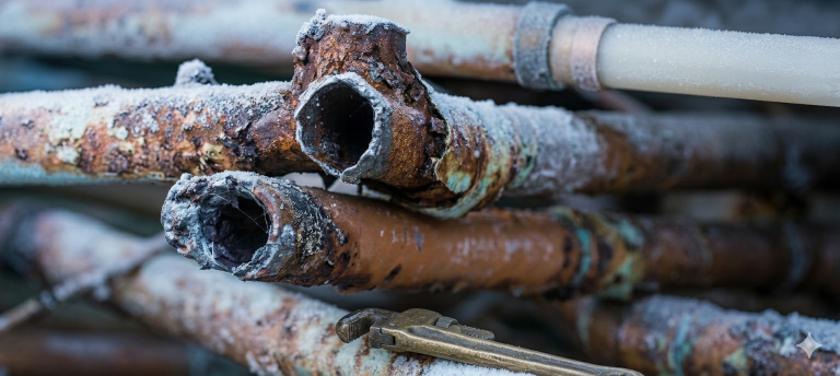 Corroded copper pipes with frost and ice buildup representing the PNW effect on residential plumbing.