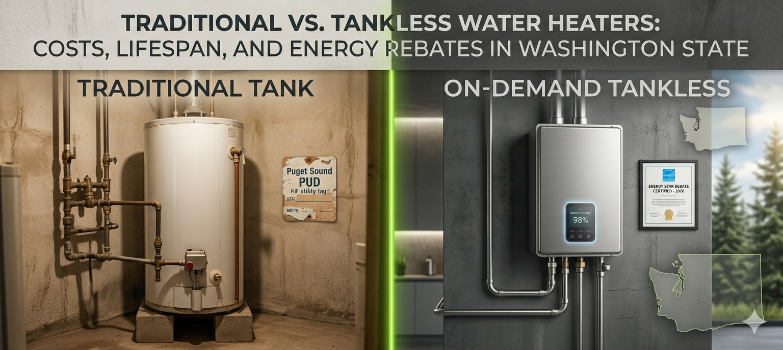 Traditional vs. Tankless Water Heaters: Costs, Lifespan, and Energy Rebates in Washington State