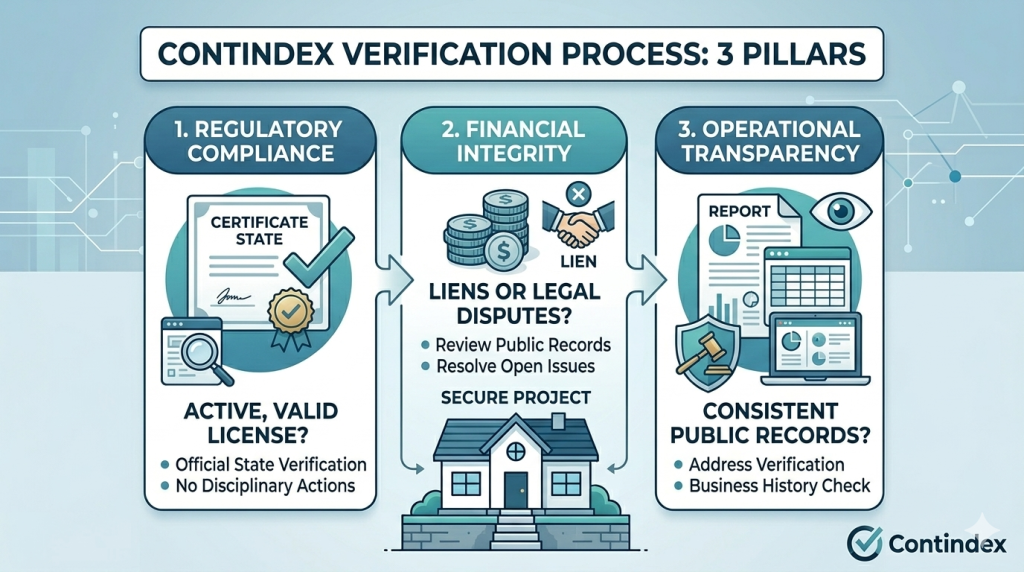 Contindex verification process flowchart showing three steps: regulatory compliance, financial integrity, and operational transparency for contractors.