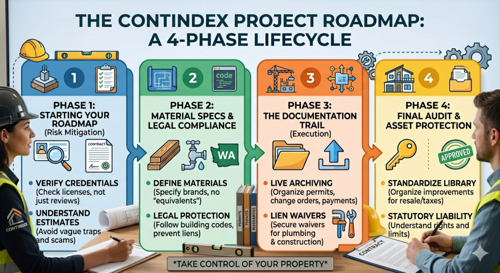 Contindex Project Roadmap 4-phase lifecycle diagram: illustrating home renovation phases from credential verification to final asset audit.
