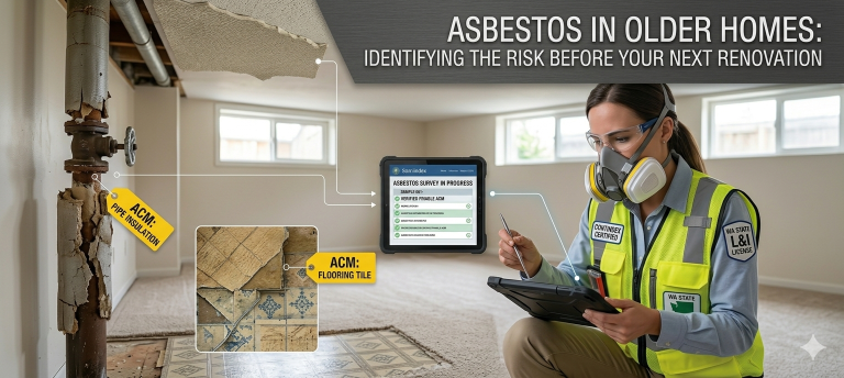 L&I certified asbestos abatement professional conducting an onsite hazard survey in a Washington home, identifying ACM pipe insulation and flooring tiles.