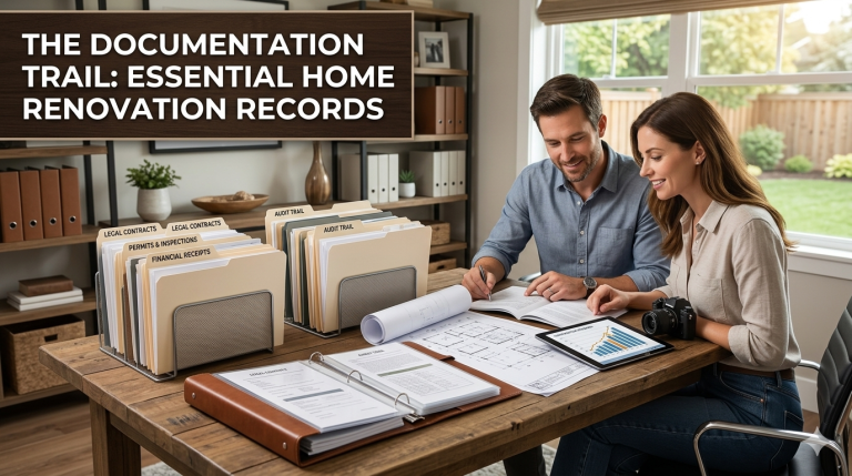 Homeowners reviewing essential home renovation records and construction documents.
