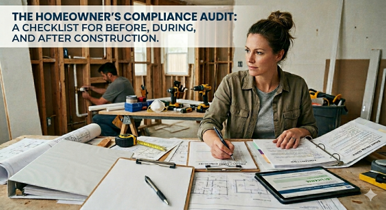 Homeowner performing a compliance audit with project documents and checklists during a home renovation