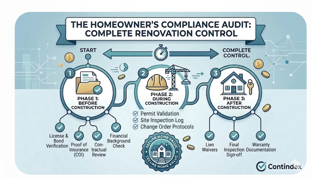 Infographic showing the three phases of a homeowner's compliance audit: Before, During, and After construction