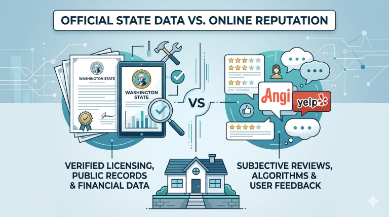Official state data vs online reputation comparison showing verified Washington state documents against marketing star ratings for home improvement.