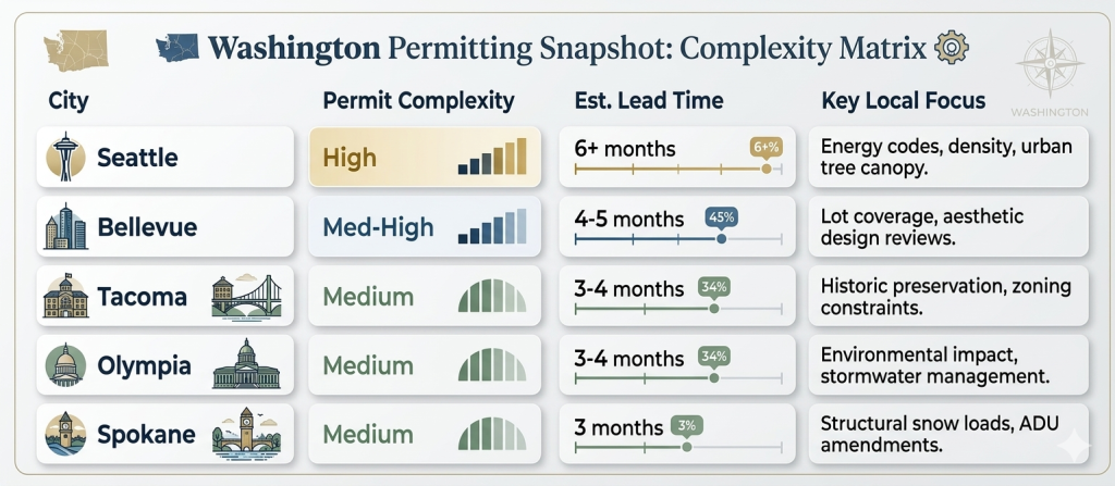 Washington State municipal building permit complexity matrix comparing Seattle, Bellevue, Tacoma, Olympia, and Spokane by lead time and key regulatory focus.
