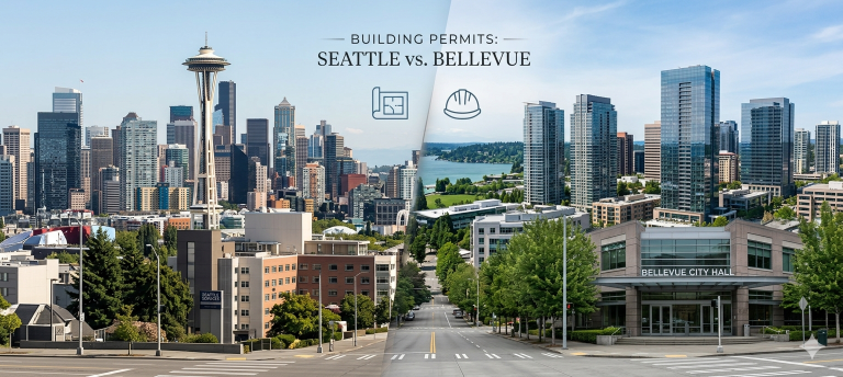 Building permits in Washington: Comparison of the permit processes in Seattle and Bellevue, featuring the Seattle skyline and Bellevue City Hall.